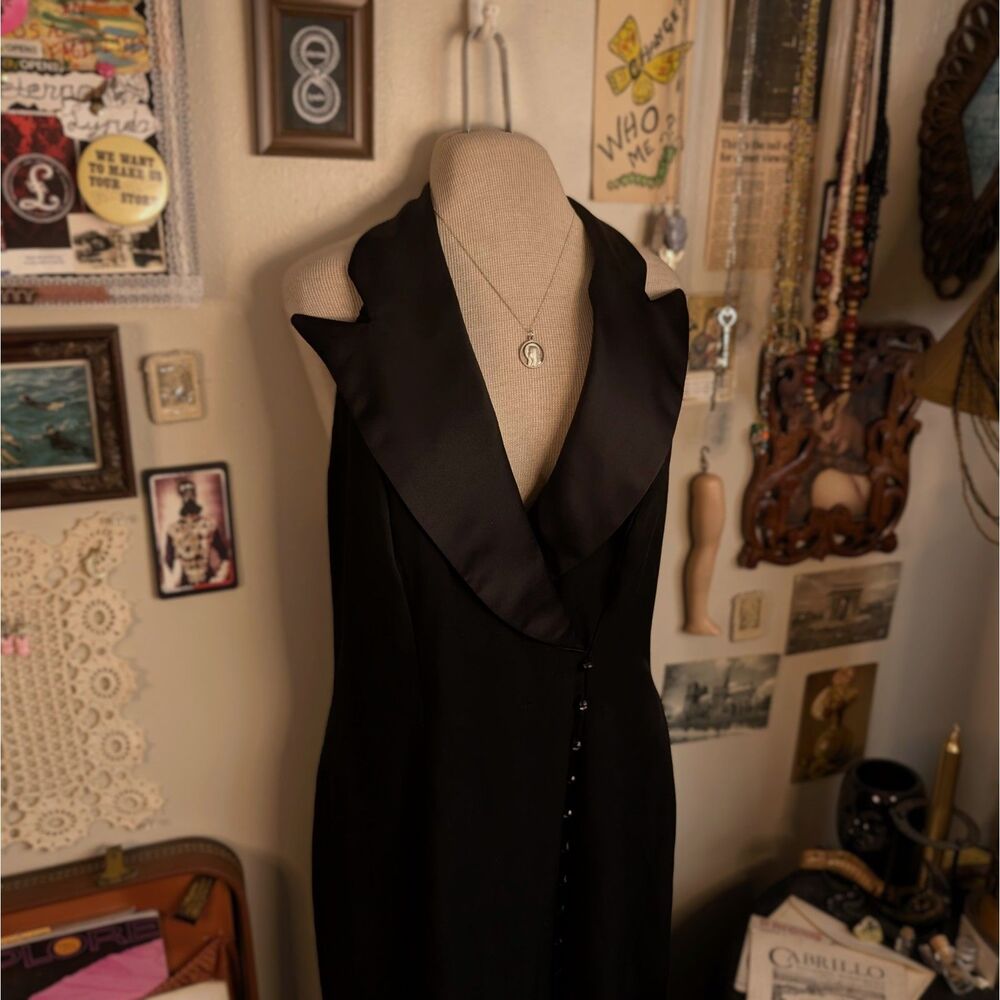 Vintage Tuxedo Lapel Maxi Dress Women's 12 Large/Medium Black Rhinestone